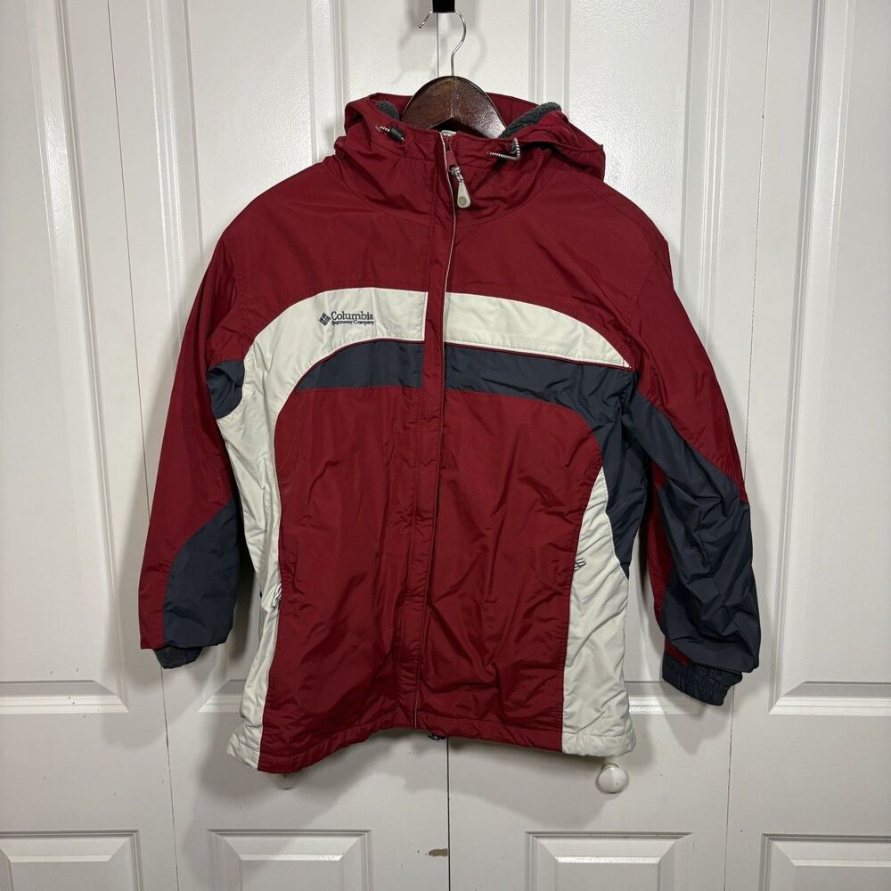 Columbia Winter Coat Women L Red Gray Fleece Lined Ski Snow Hooded Outdoor Warm